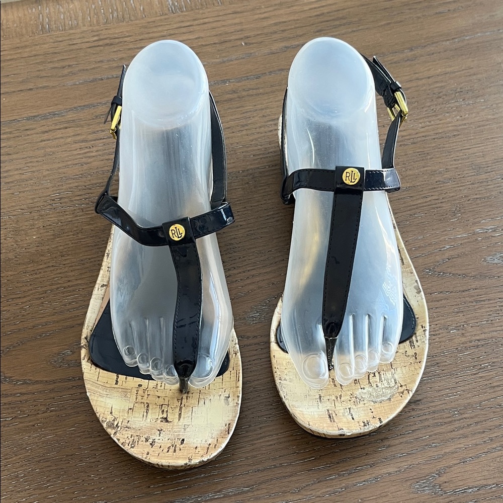 Ralph Lauren Kya Blue and‎ Tan T-Strap Sandals